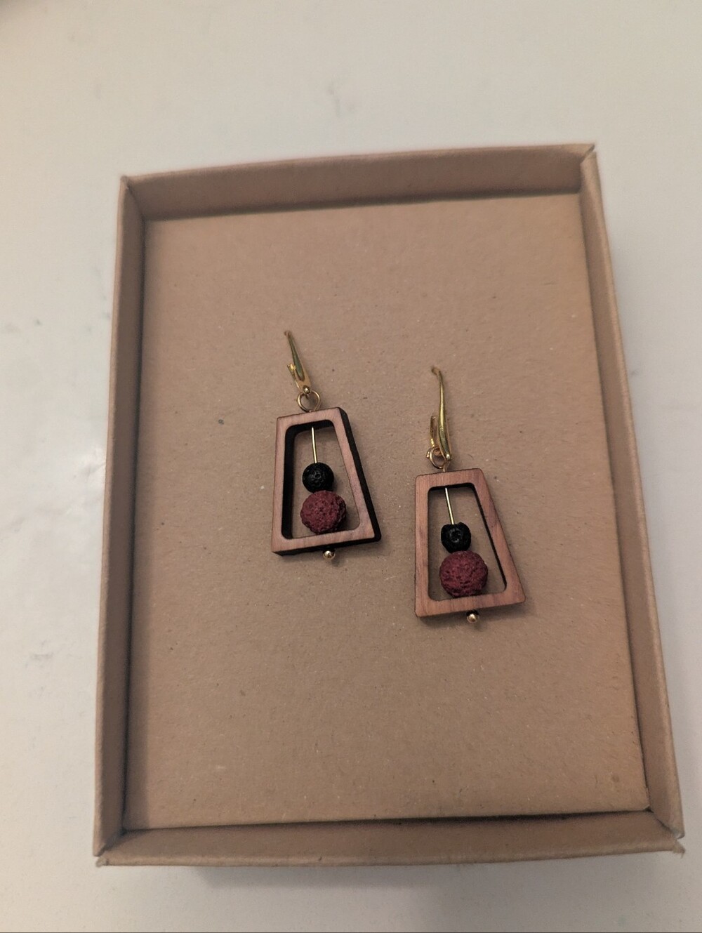 Handcrafted Pink and Black Geometric Olive Wood Drop Earrings - Made In Greece